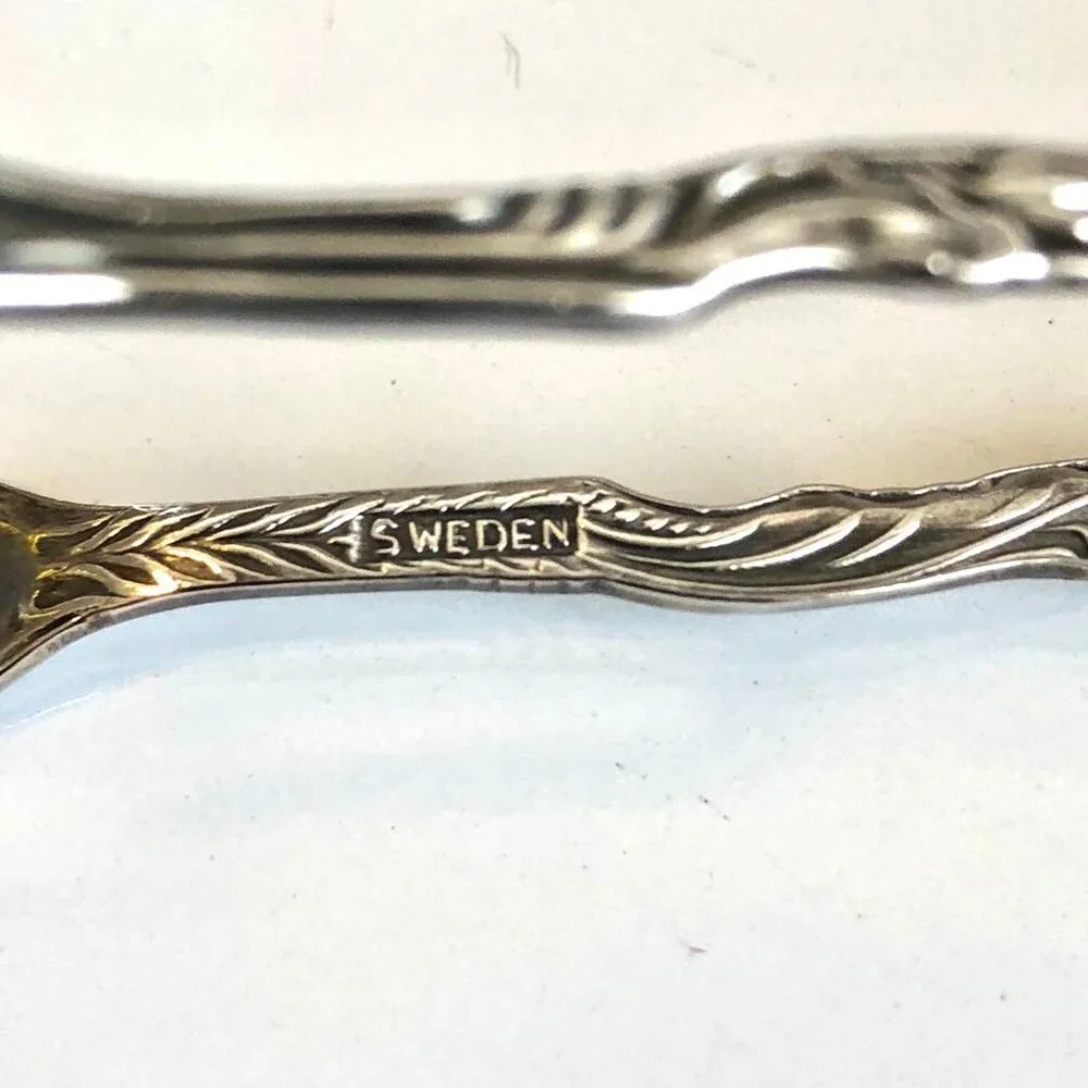 Antique Nils Johan Sweden Silver Plate Petite Forked Sugar Tongs Amsterdam Flora